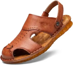 Men's Cowhide Beach Men's Shoes Casual Leather Cow Tendon Soft Sole Beach Men's Sandals Sandalias(38)