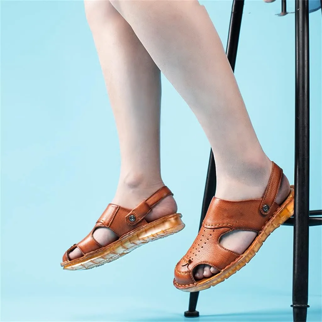 Men's Cowhide Beach Men's Shoes Casual Leather Cow Tendon Soft Sole Beach Men's Sandals Sandalias(38)