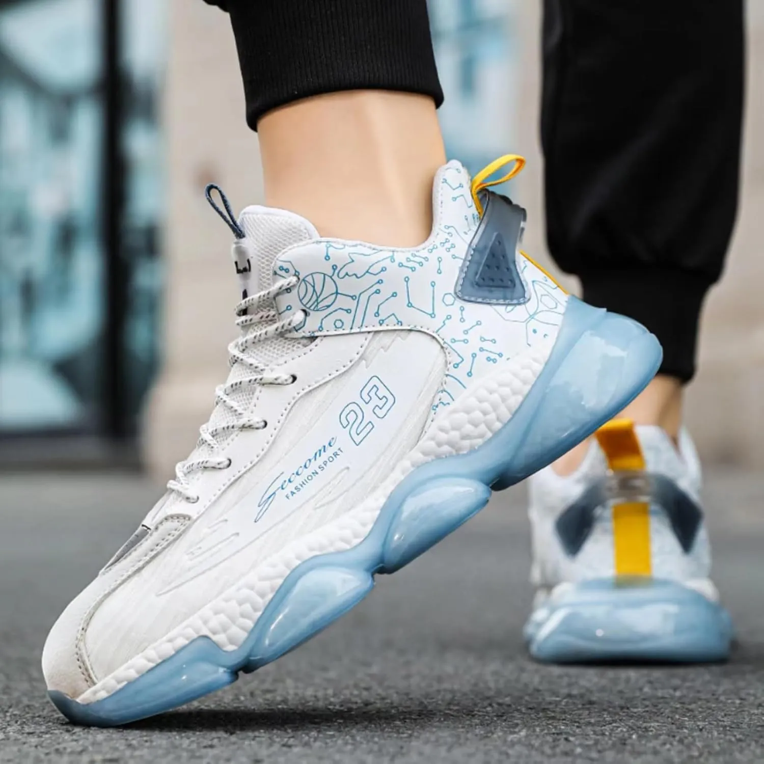Mens Lace Up High Top Fashion Sneakers Lightweight Non-Slip Soft Sole Basketball Shoes for Tennis Running Walking Training