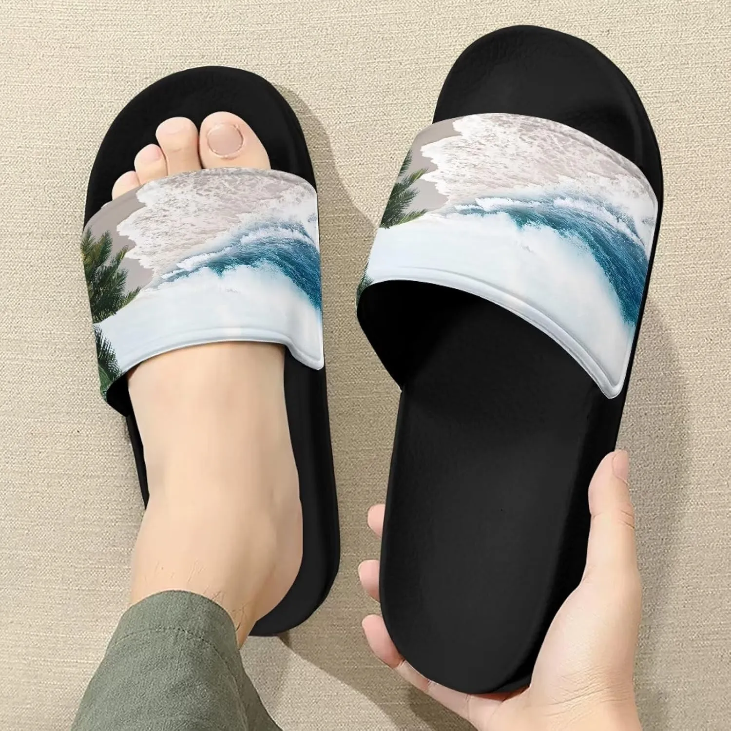 Men's Sandals Slides Non-Slip Slippers Casual Black Sole Summer Shoes for College Dorm Gym Beach