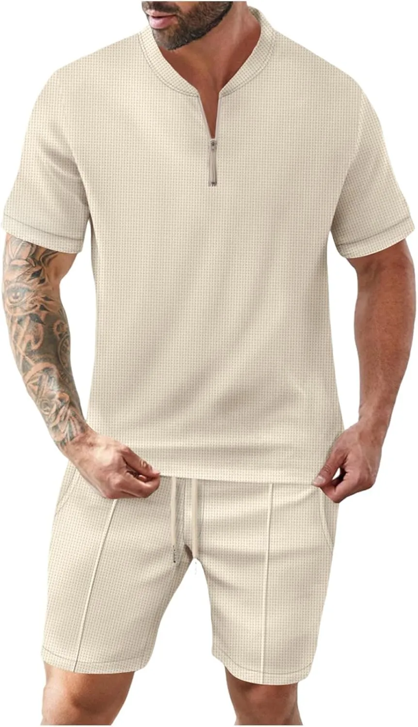 Mens Short Sets 2 Piece Outfits Fashion Summer Textured Casual Set Quarter Zip Shirt and Shorts Gym Clothing Sets