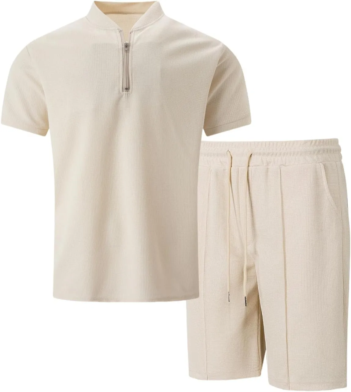 Mens Short Sets 2 Piece Outfits Fashion Summer Textured Casual Set Quarter Zip Shirt and Shorts Gym Clothing Sets