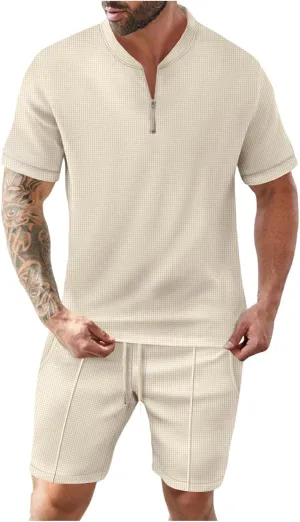 Mens Short Sets 2 Piece Outfits Fashion Summer Textured Casual Set Quarter Zip Shirt and Shorts Gym Clothing Sets