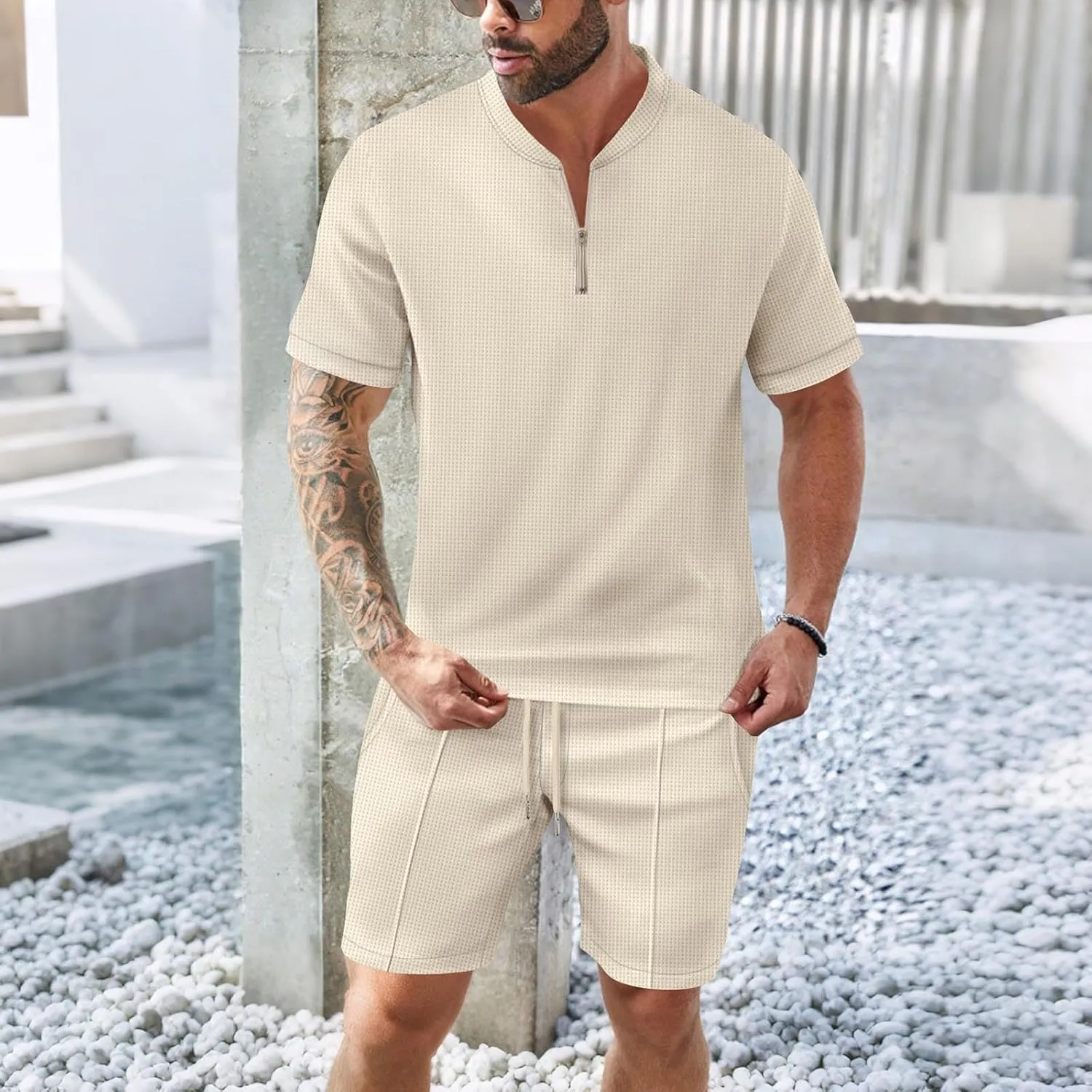 Mens Short Sets 2 Piece Outfits Fashion Summer Textured Casual Set Quarter Zip Shirt and Shorts Gym Clothing Sets