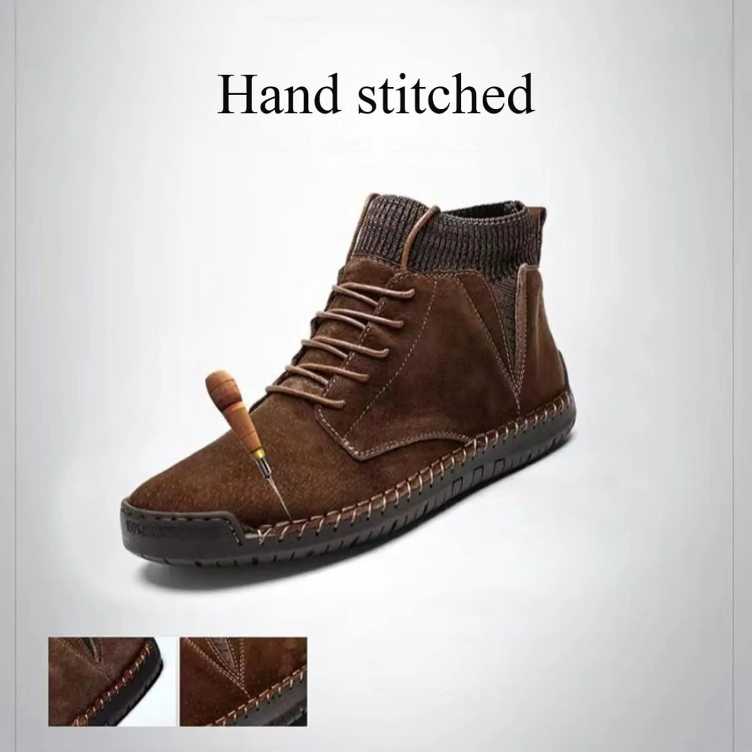 Men's Vintage Hand Stitched Lace-Up Mid Loafers,Lace-up Chukka Dress Boot Motorcycle Walking Boots,Casual Leather Ankle Boots