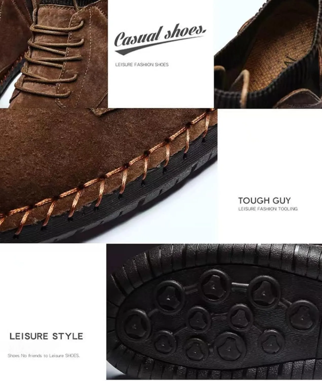 Men's Vintage Hand Stitched Lace-Up Mid Loafers,Lace-up Chukka Dress Boot Motorcycle Walking Boots,Casual Leather Ankle Boots