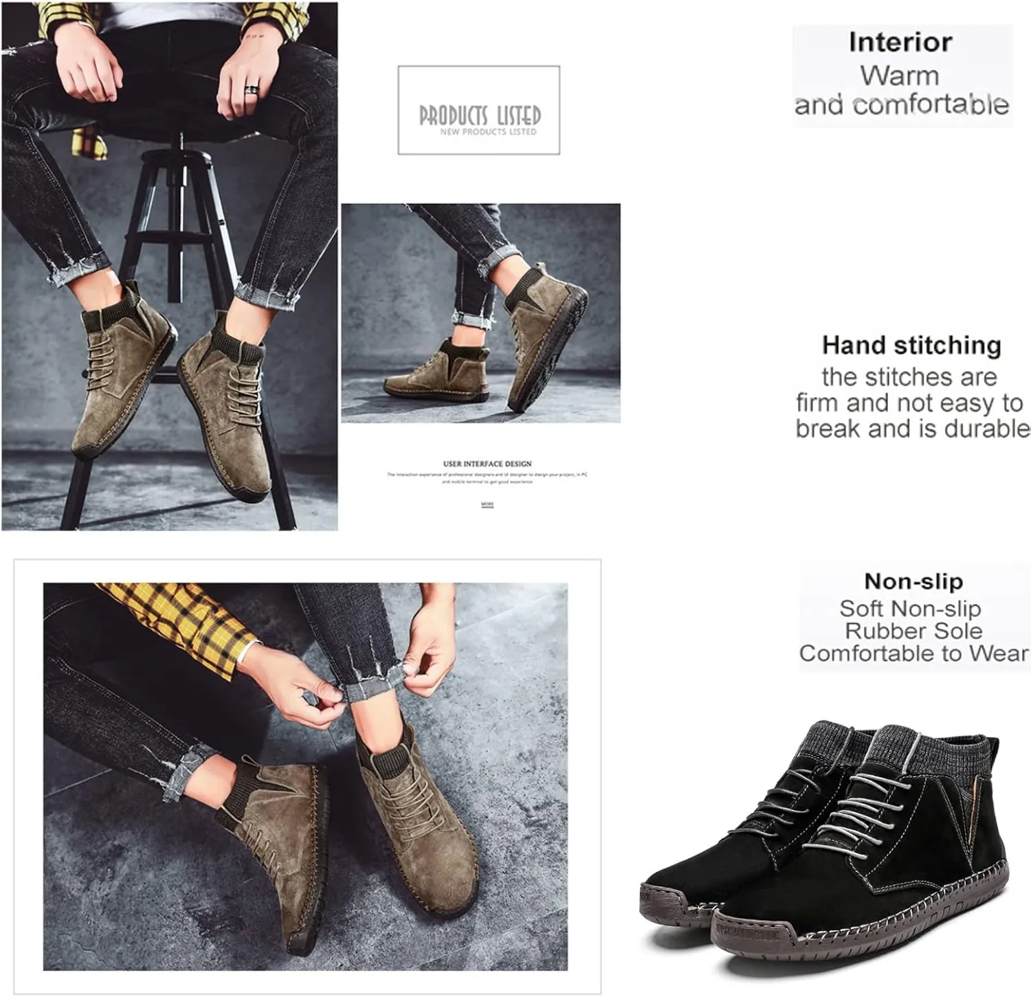 Men's Vintage Hand Stitched Lace-Up Mid Loafers,Lace-up Chukka Dress Boot Motorcycle Walking Boots,Casual Leather Ankle Boots