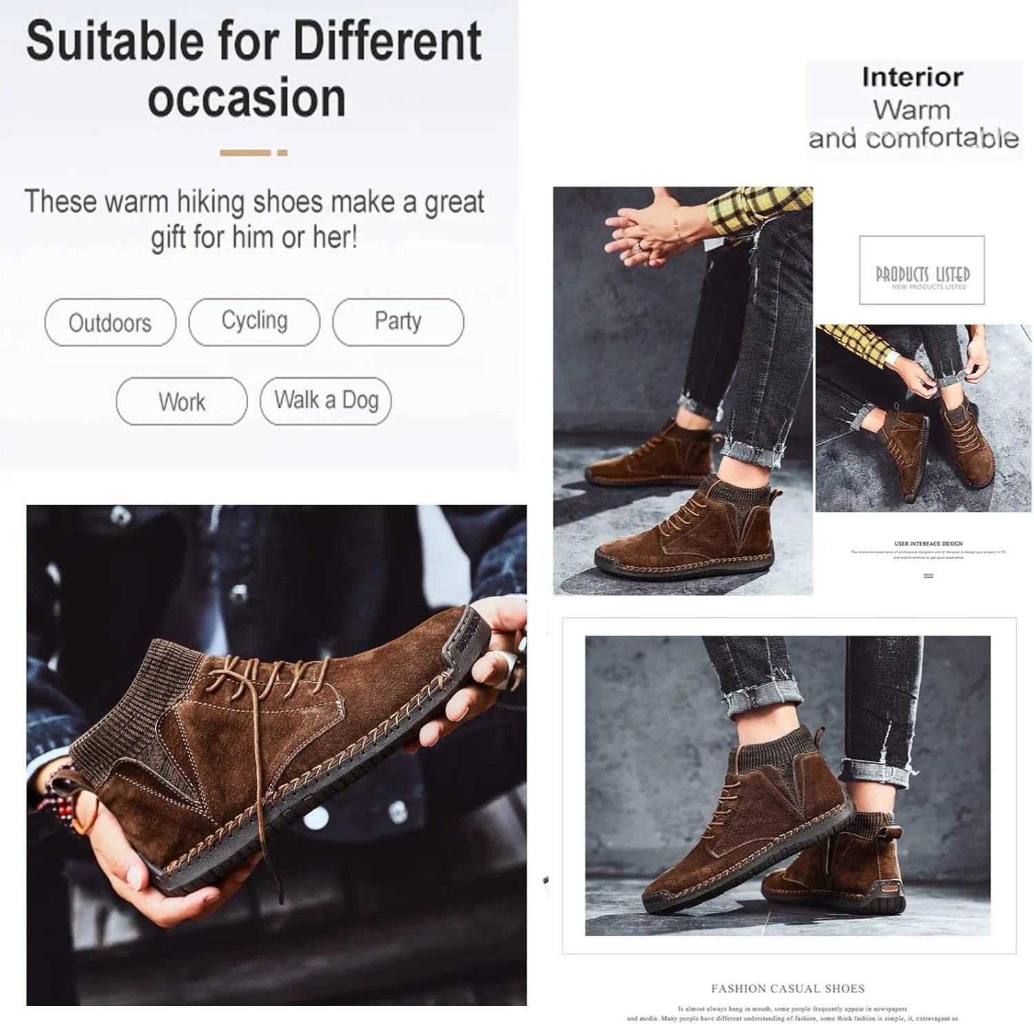 Men's Vintage Hand Stitched Lace-Up Mid Loafers,Lace-up Chukka Dress Boot Motorcycle Walking Boots,Casual Leather Ankle Boots