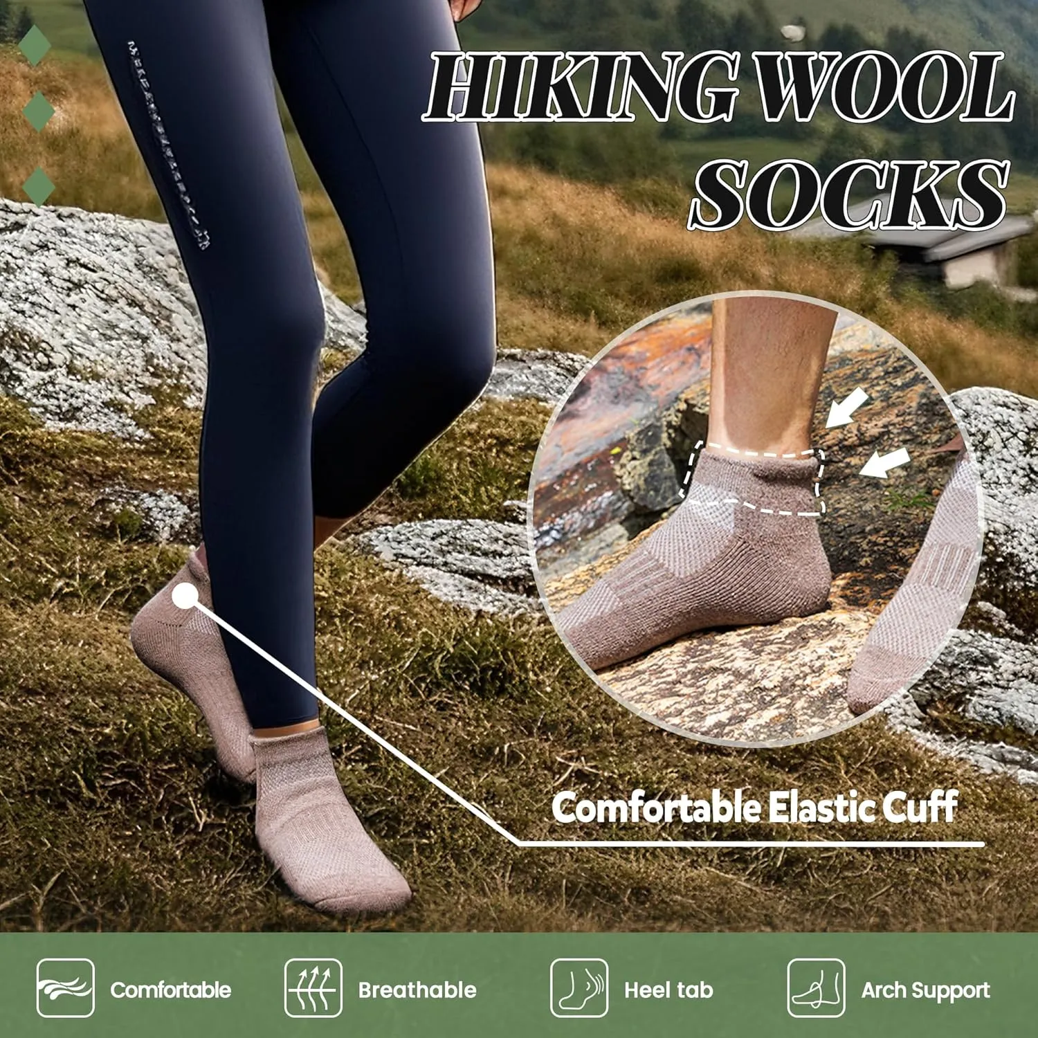 Merino Wool Ankle Hiking Socks For Men & Women No Show Running Athletic Support Thick Cushioned Breathable Socks 6 Pairs