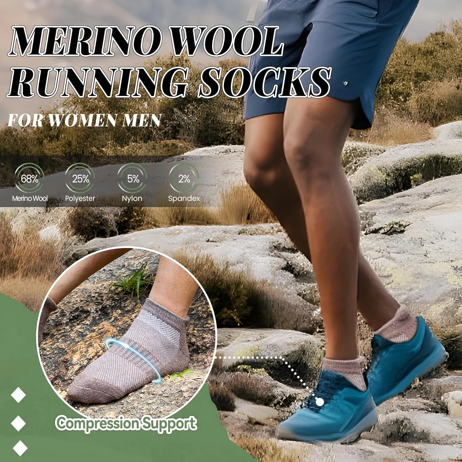 Merino Wool Ankle Hiking Socks For Men & Women No Show Running Athletic Support Thick Cushioned Breathable Socks 6 Pairs