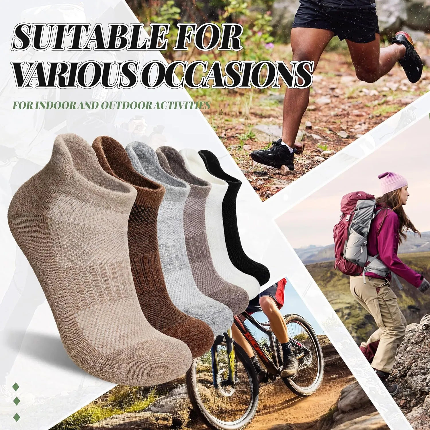 Merino Wool Ankle Hiking Socks For Men & Women No Show Running Athletic Support Thick Cushioned Breathable Socks 6 Pairs