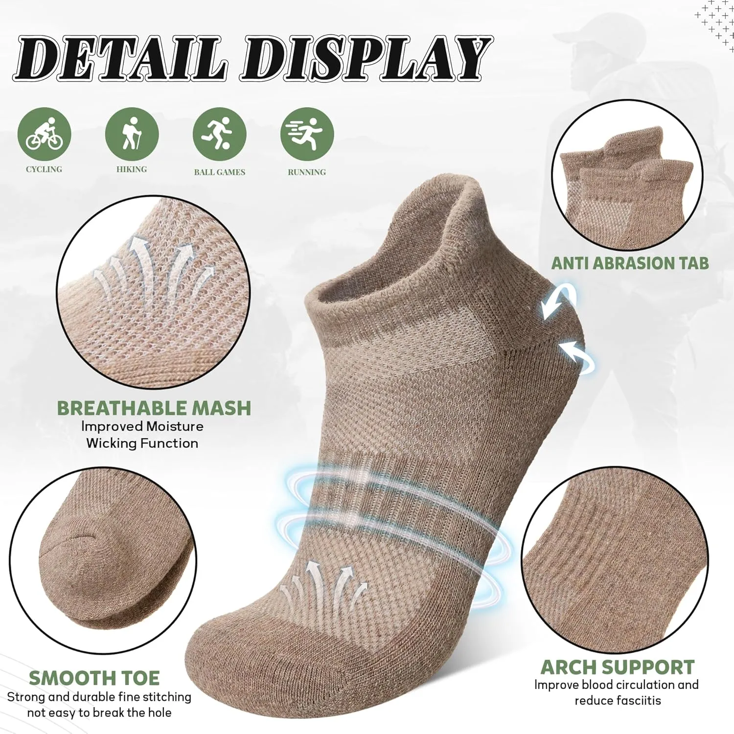 Merino Wool Ankle Hiking Socks For Men & Women No Show Running Athletic Support Thick Cushioned Breathable Socks 6 Pairs