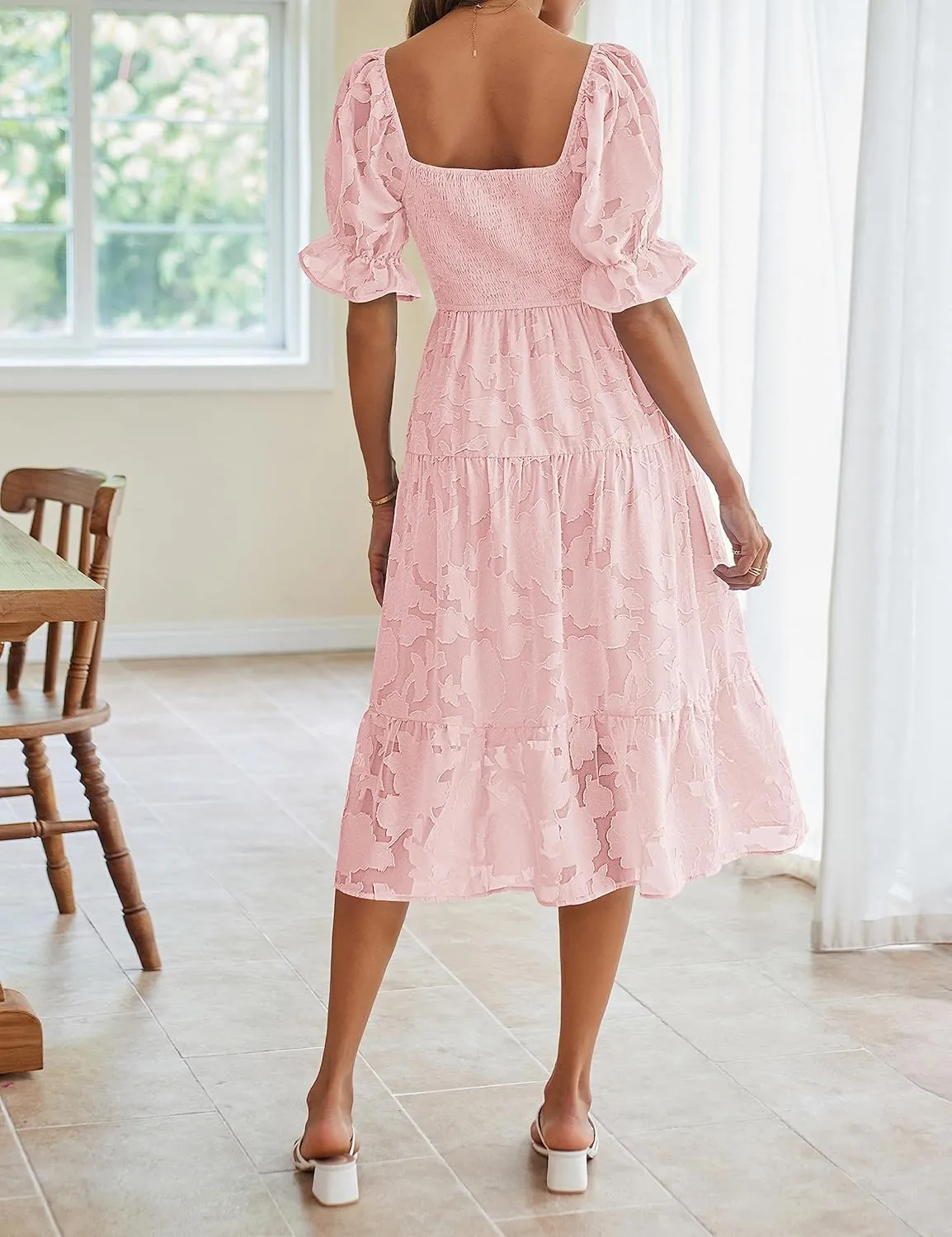 MEROKEETY Womens 2025 Summer Short Puff Sleeve Smocked Square Neck Floral Textured Tiered Midi Dress