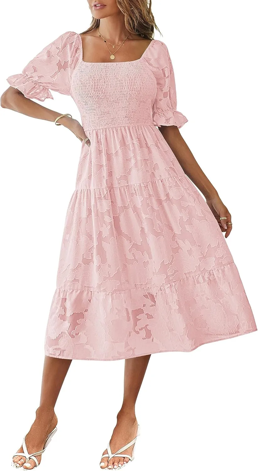 MEROKEETY Womens 2025 Summer Short Puff Sleeve Smocked Square Neck Floral Textured Tiered Midi Dress