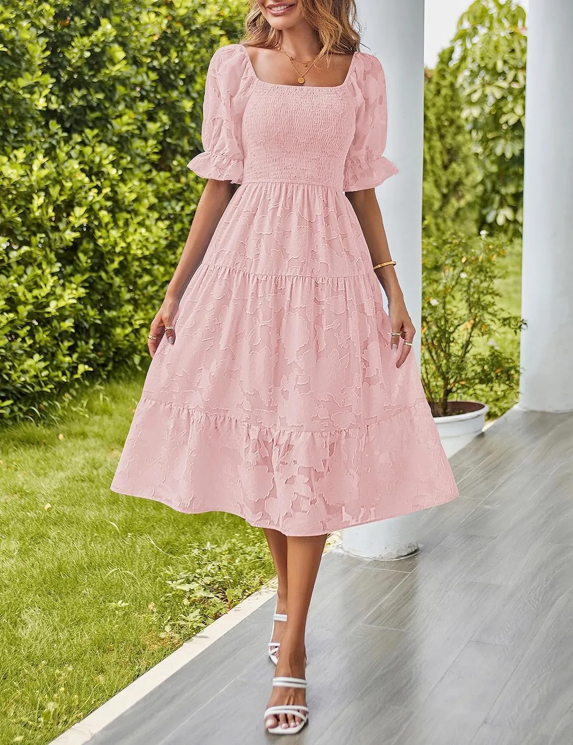 MEROKEETY Womens 2025 Summer Short Puff Sleeve Smocked Square Neck Floral Textured Tiered Midi Dress