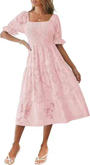 MEROKEETY Womens 2025 Summer Short Puff Sleeve Smocked Square Neck Floral Textured Tiered Midi Dress