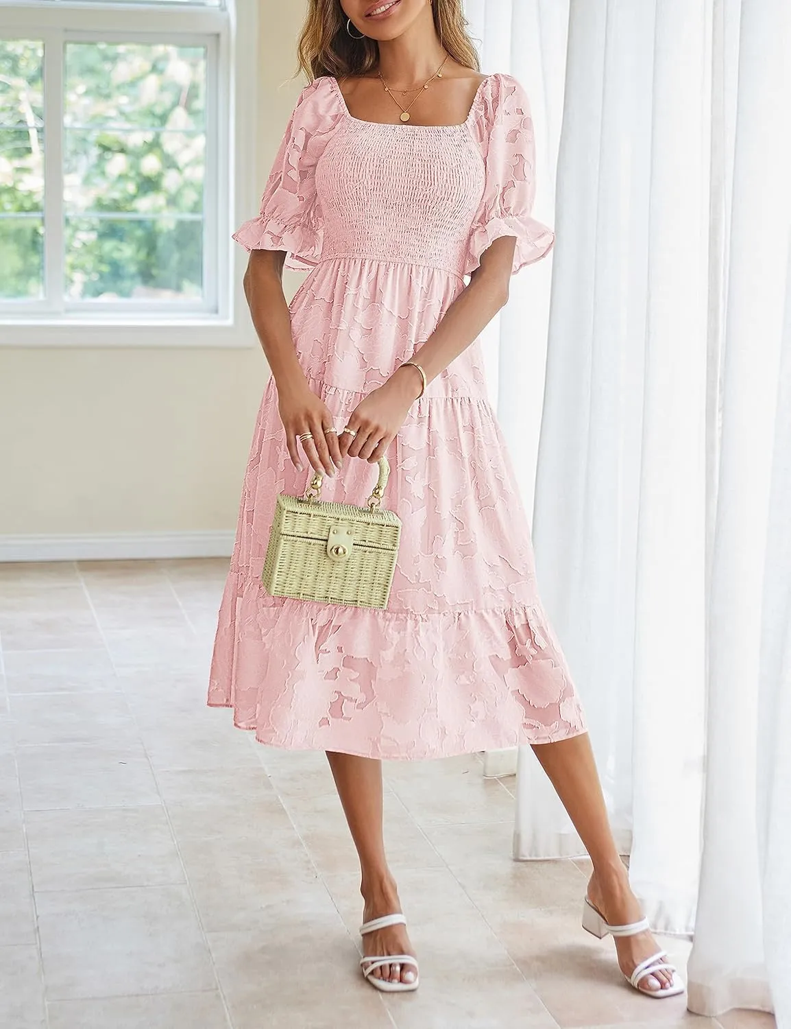 MEROKEETY Womens 2025 Summer Short Puff Sleeve Smocked Square Neck Floral Textured Tiered Midi Dress