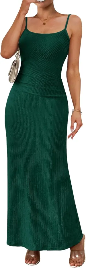 MITILLY Summer Slip Bodycon Maxi Dress Elegant Spaghetti Strap Textured Basic Sexy Ruched Dress for Women Cocktail Party