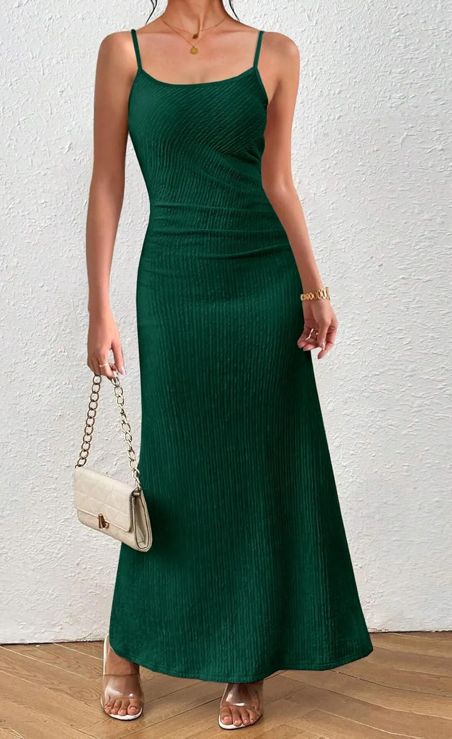 MITILLY Summer Slip Bodycon Maxi Dress Elegant Spaghetti Strap Textured Basic Sexy Ruched Dress for Women Cocktail Party