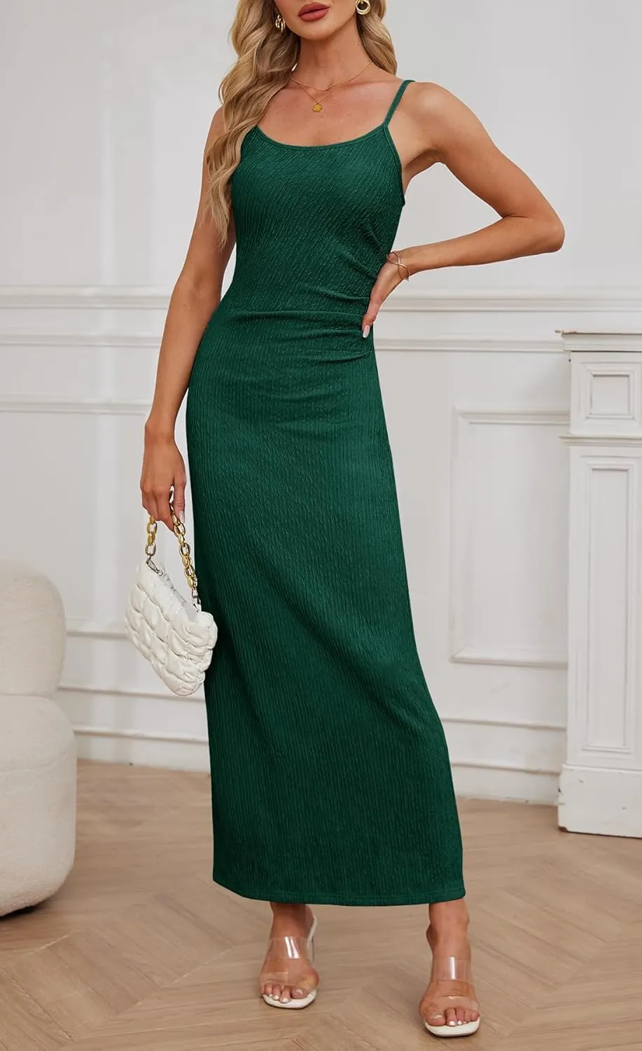 MITILLY Summer Slip Bodycon Maxi Dress Elegant Spaghetti Strap Textured Basic Sexy Ruched Dress for Women Cocktail Party