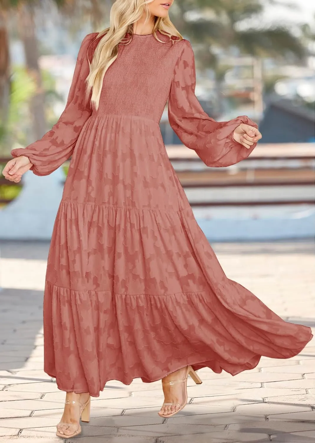 MITILLY Women's Elegant Floral Long Sleeve Round Neck Smocked A-Line Flowy Tiered Maxi Dress with Pockets