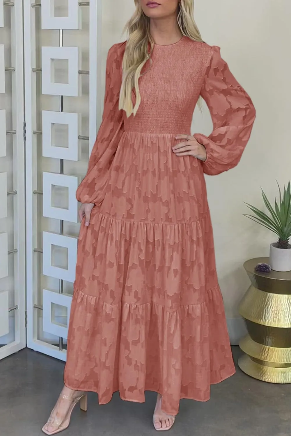 MITILLY Women's Elegant Floral Long Sleeve Round Neck Smocked A-Line Flowy Tiered Maxi Dress with Pockets