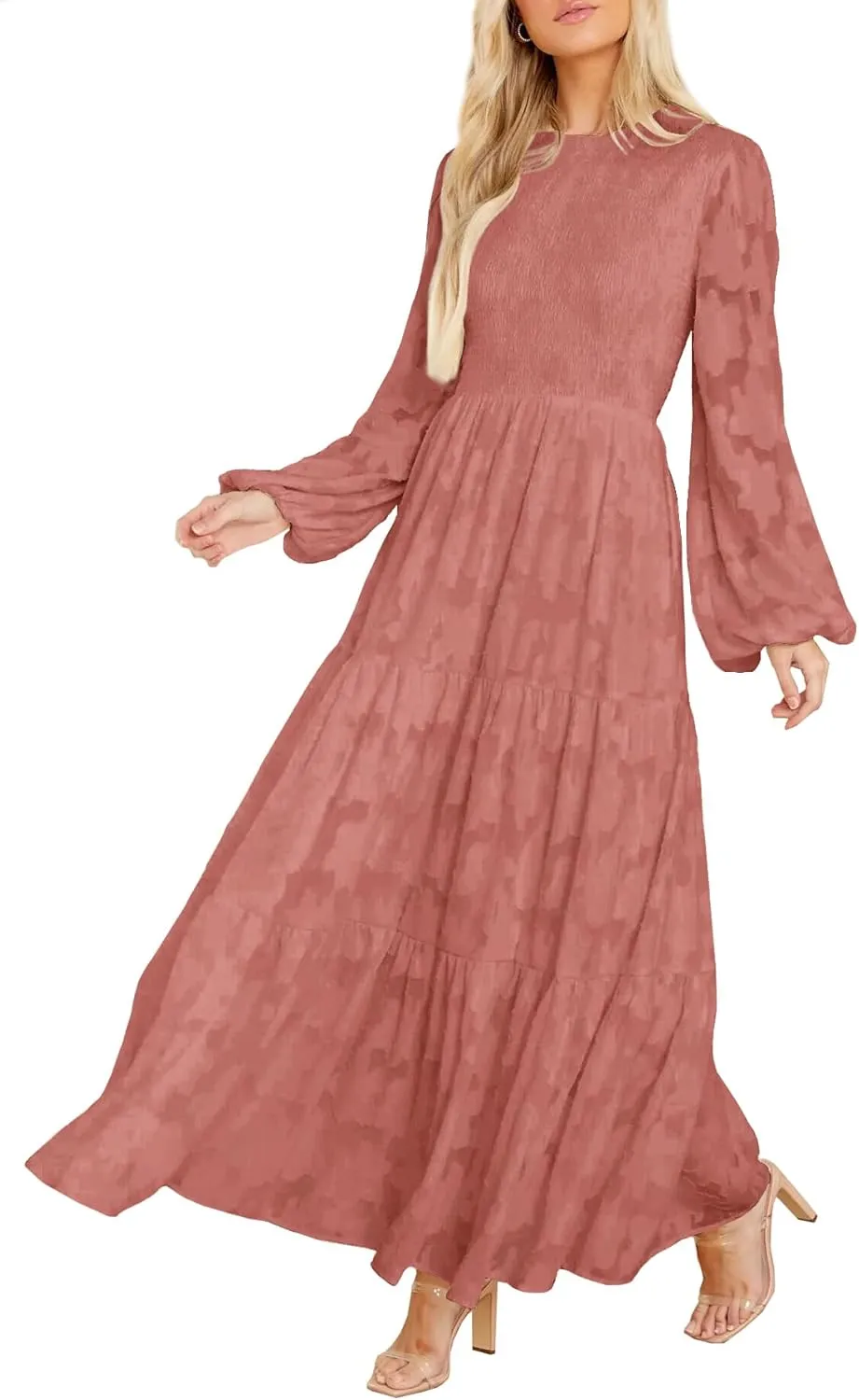 MITILLY Women's Elegant Floral Long Sleeve Round Neck Smocked A-Line Flowy Tiered Maxi Dress with Pockets