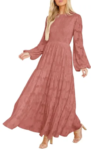 MITILLY Women's Elegant Floral Long Sleeve Round Neck Smocked A-Line Flowy Tiered Maxi Dress with Pockets