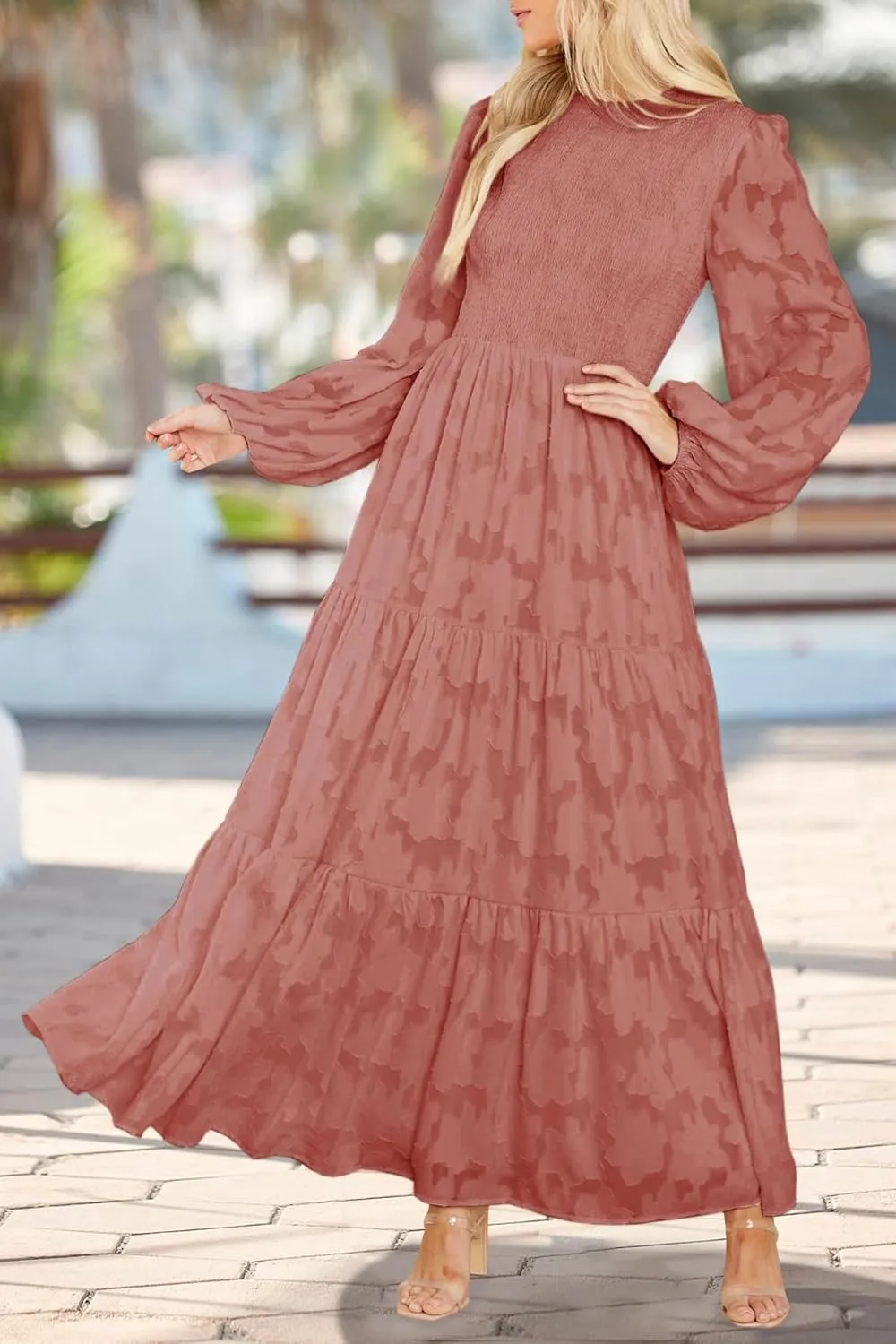 MITILLY Women's Elegant Floral Long Sleeve Round Neck Smocked A-Line Flowy Tiered Maxi Dress with Pockets