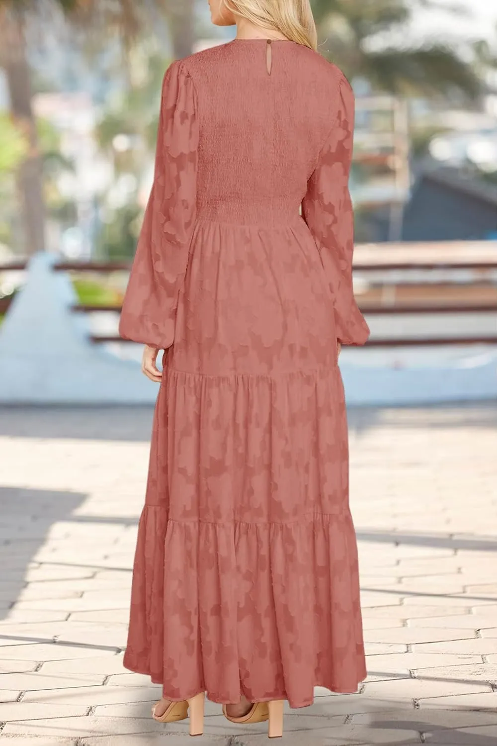 MITILLY Women's Elegant Floral Long Sleeve Round Neck Smocked A-Line Flowy Tiered Maxi Dress with Pockets