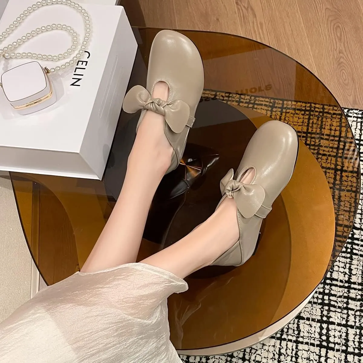 MOOMMO Women Comfortable Bow Flat Loafers Square Closed Toe Slip On Penny Loafers Cutout Flat Heel Dress Loafer Flats Bowknot Office Ladies Girls Casual Club Church Driving Flats Cute Summer 4-13 M US