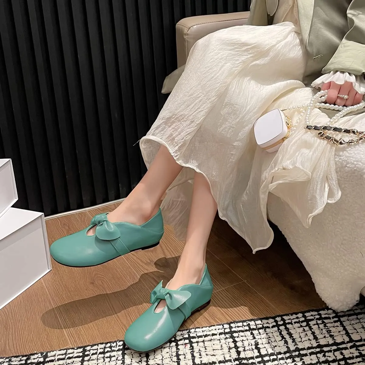 MOOMMO Women Comfortable Bow Flat Loafers Square Closed Toe Slip On Penny Loafers Cutout Flat Heel Dress Loafer Flats Bowknot Office Ladies Girls Casual Club Church Driving Flats Cute Summer 4-13 M US
