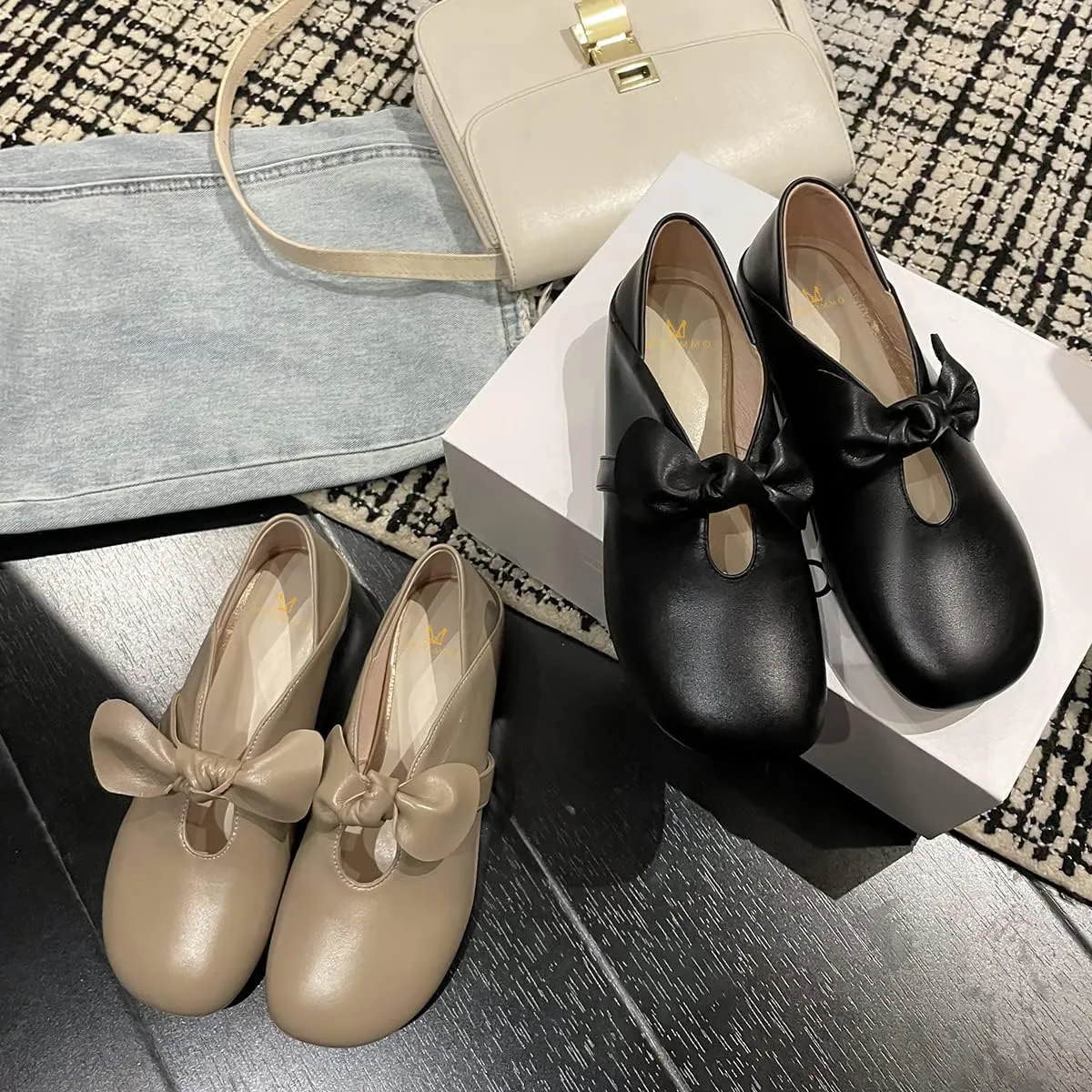 MOOMMO Women Comfortable Bow Flat Loafers Square Closed Toe Slip On Penny Loafers Cutout Flat Heel Dress Loafer Flats Bowknot Office Ladies Girls Casual Club Church Driving Flats Cute Summer 4-13 M US