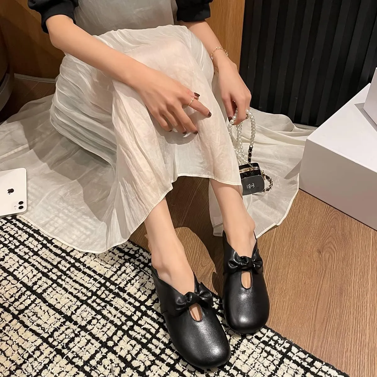 MOOMMO Women Comfortable Bow Flat Loafers Square Closed Toe Slip On Penny Loafers Cutout Flat Heel Dress Loafer Flats Bowknot Office Ladies Girls Casual Club Church Driving Flats Cute Summer 4-13 M US