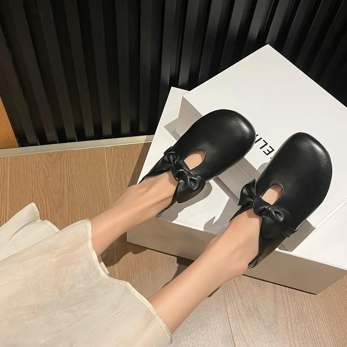 MOOMMO Women Comfortable Bow Flat Loafers Square Closed Toe Slip On Penny Loafers Cutout Flat Heel Dress Loafer Flats Bowknot Office Ladies Girls Casual Club Church Driving Flats Cute Summer 4-13 M US