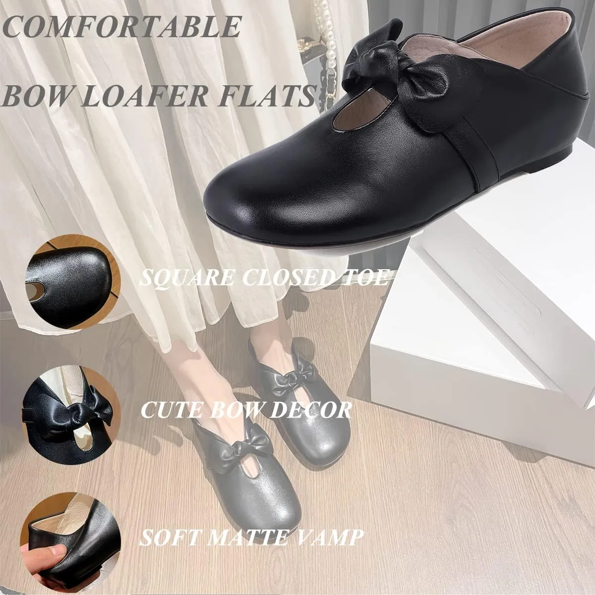 MOOMMO Women Comfortable Bow Flat Loafers Square Closed Toe Slip On Penny Loafers Cutout Flat Heel Dress Loafer Flats Bowknot Office Ladies Girls Casual Club Church Driving Flats Cute Summer 4-13 M US