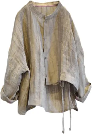 NFYM Women's Linen Asymmetrical Shirt Top Irregular Hem Tie Retro Stand Collar Button Blouse Shirts