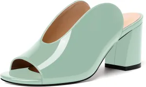 NUMALEO Womens Evening Patent Casual Slip On Round Toe Chunky Mid Heel Sandals 2.5 Inch