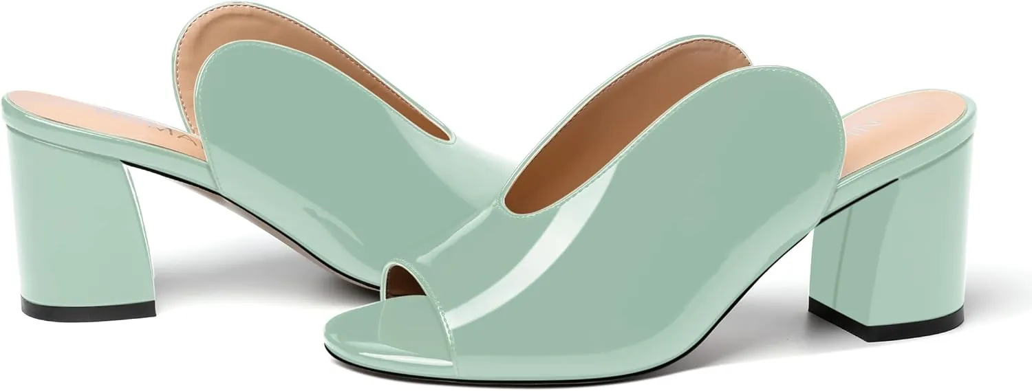 NUMALEO Womens Evening Patent Casual Slip On Round Toe Chunky Mid Heel Sandals 2.5 Inch