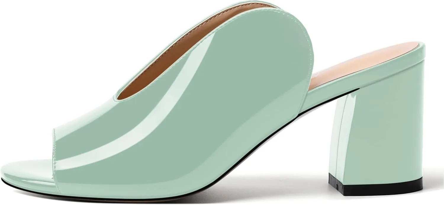 NUMALEO Womens Evening Patent Casual Slip On Round Toe Chunky Mid Heel Sandals 2.5 Inch