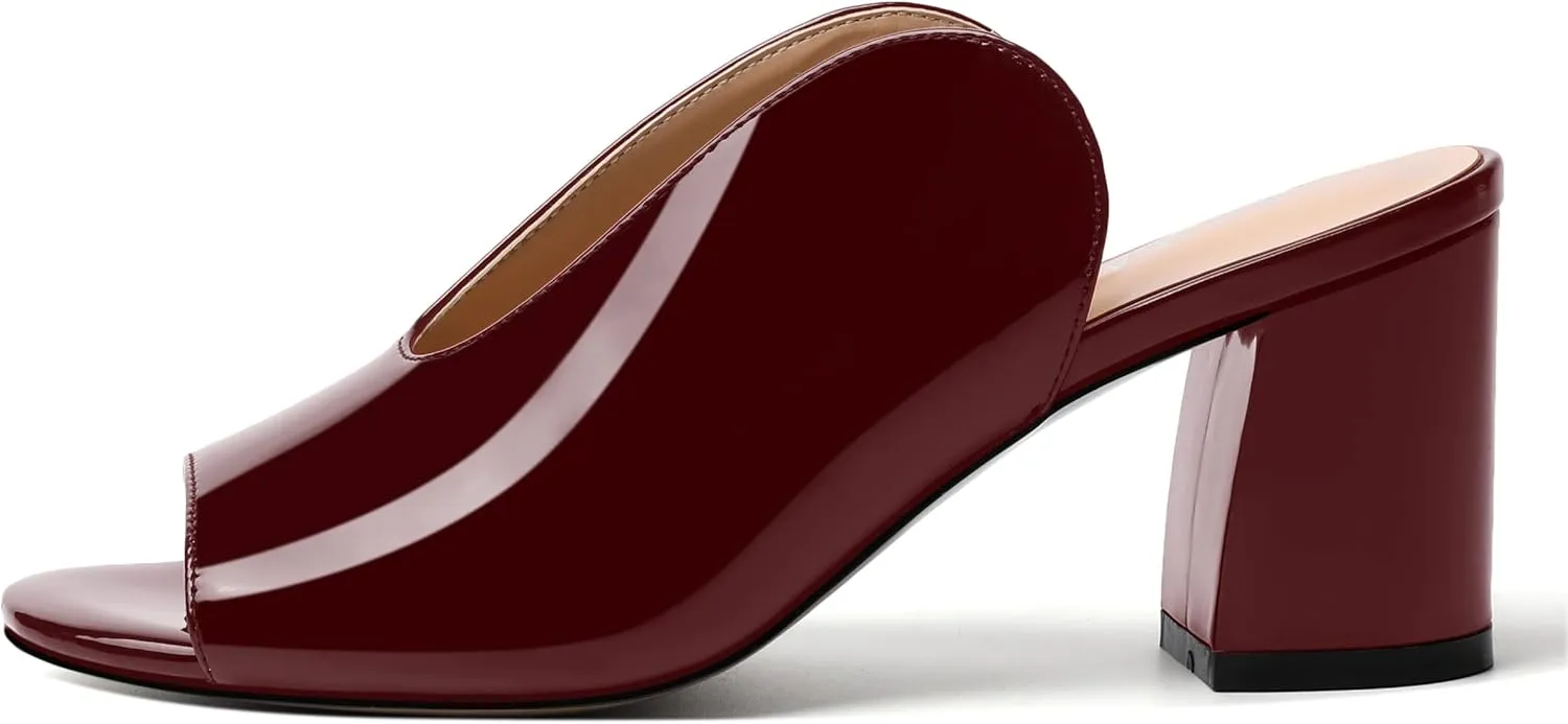 NUMALEO Womens Evening Patent Casual Slip On Round Toe Chunky Mid Heel Sandals 2.5 Inch
