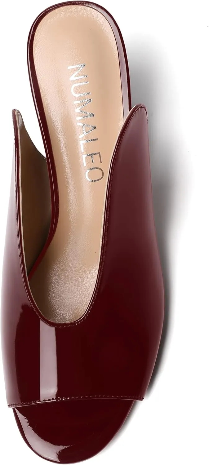 NUMALEO Womens Evening Patent Casual Slip On Round Toe Chunky Mid Heel Sandals 2.5 Inch