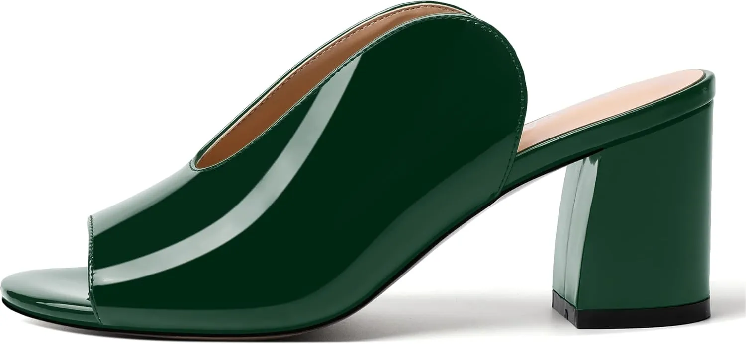 NUMALEO Womens Evening Patent Casual Slip On Round Toe Chunky Mid Heel Sandals 2.5 Inch
