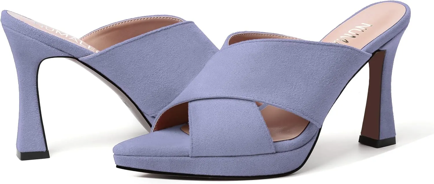 NUMALEO Womens Pointed Toe Suede Party Slip On Cute Solid Spool High Heel Platforms Sandals 4 Inch
