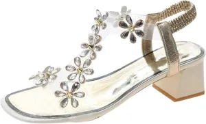 oiangi Square Heels Sandals for Women,Bohemia Flower Rhinestones Clear Elastic Straps Open Toe Chunky High Heel Sandals Summer Comfy Casual Slip-on Beach Shoes