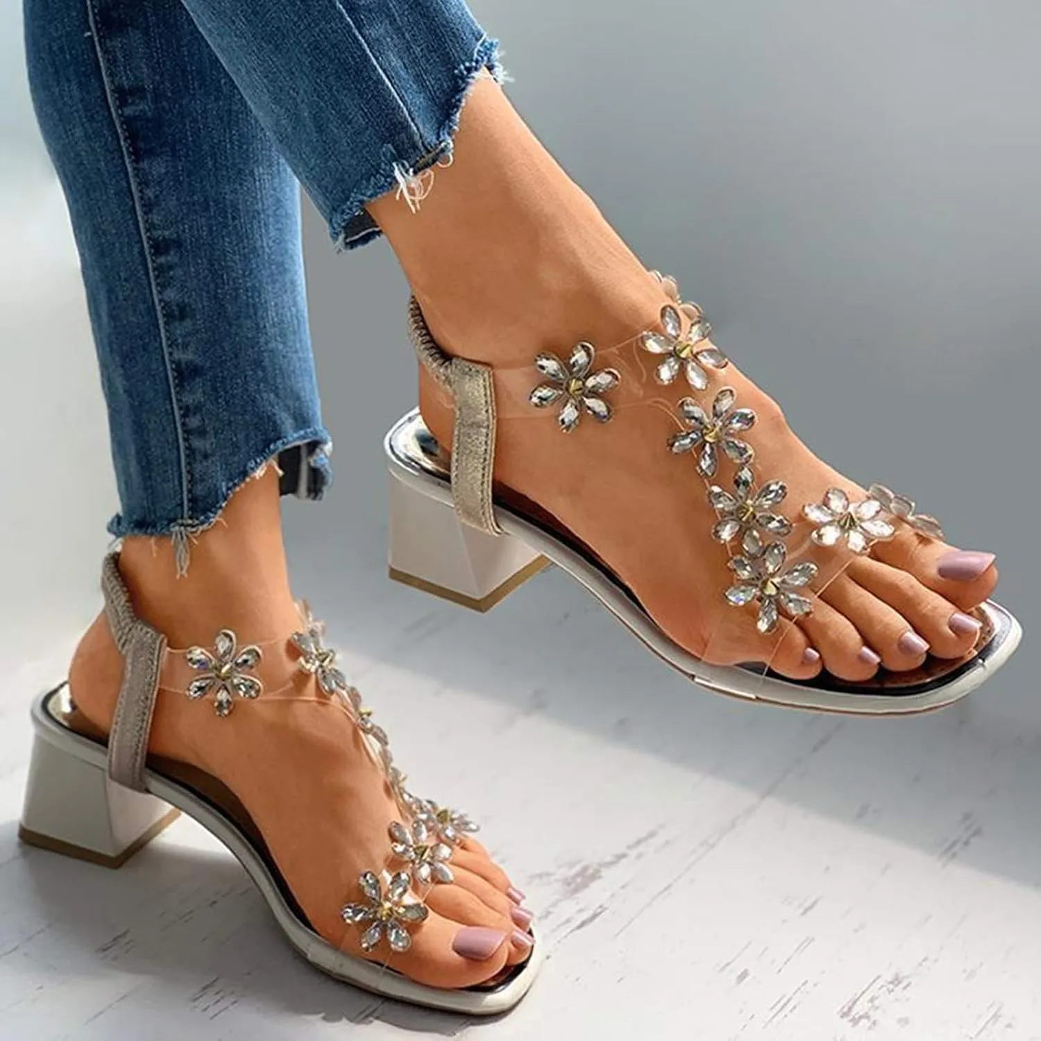 oiangi Square Heels Sandals for Women,Bohemia Flower Rhinestones Clear Elastic Straps Open Toe Chunky High Heel Sandals Summer Comfy Casual Slip-on Beach Shoes