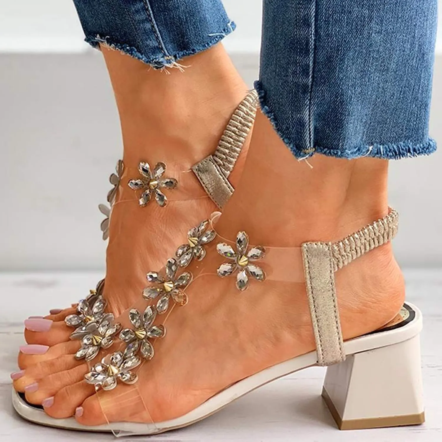 oiangi Square Heels Sandals for Women,Bohemia Flower Rhinestones Clear Elastic Straps Open Toe Chunky High Heel Sandals Summer Comfy Casual Slip-on Beach Shoes
