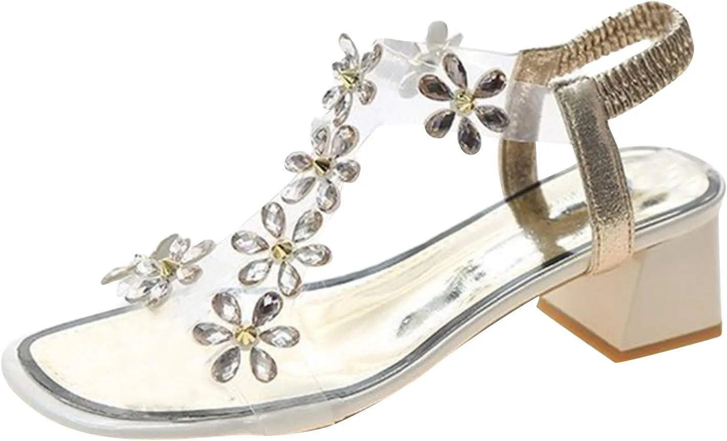oiangi Square Heels Sandals for Women,Bohemia Flower Rhinestones Clear Elastic Straps Open Toe Chunky High Heel Sandals Summer Comfy Casual Slip-on Beach Shoes