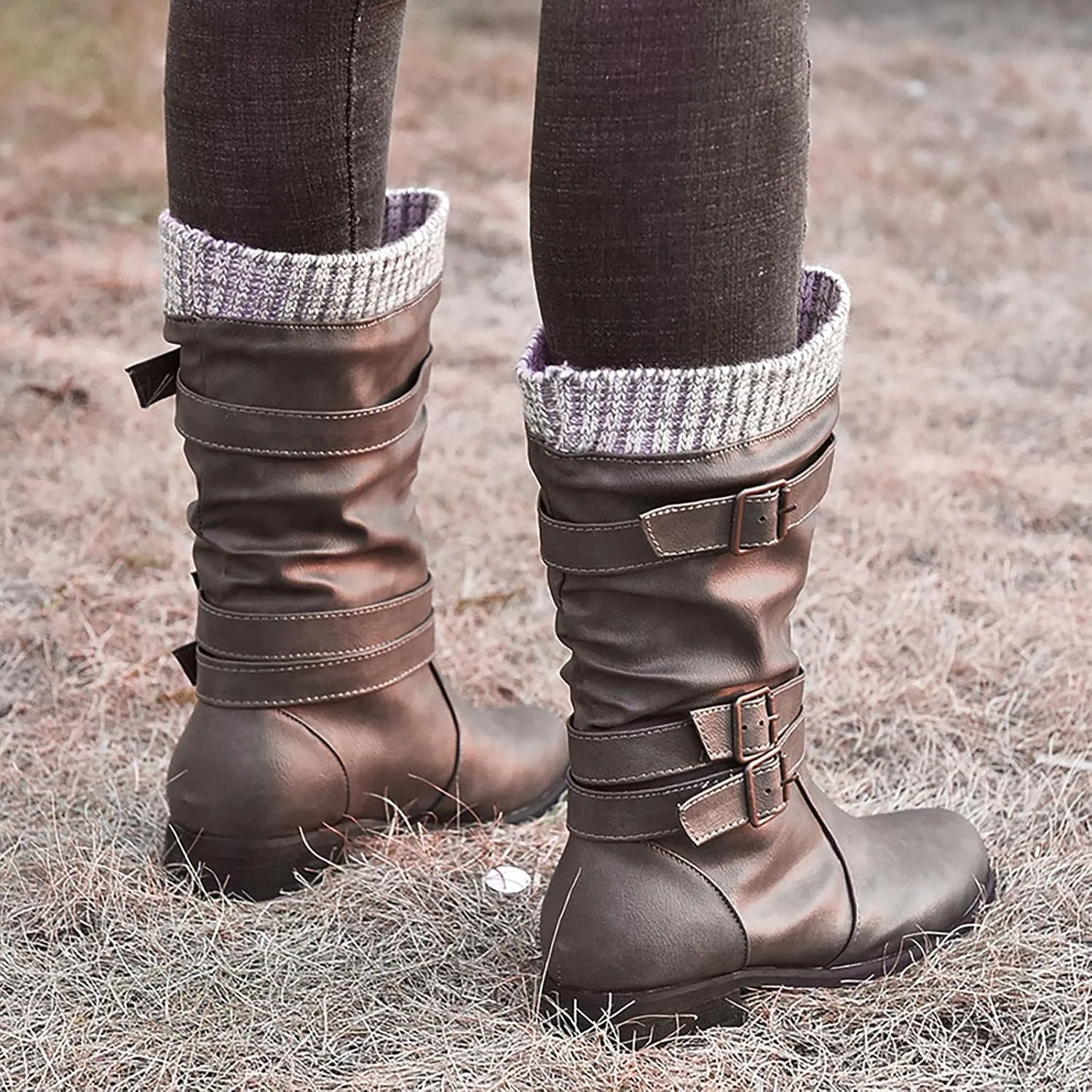 oiangi Womens Boots Winter Fashion Round Toe Buckle Strap Chunky Heels Slip on Mid-Calf Boots Retro Comfortable Casual Ladies Footwear Shoes