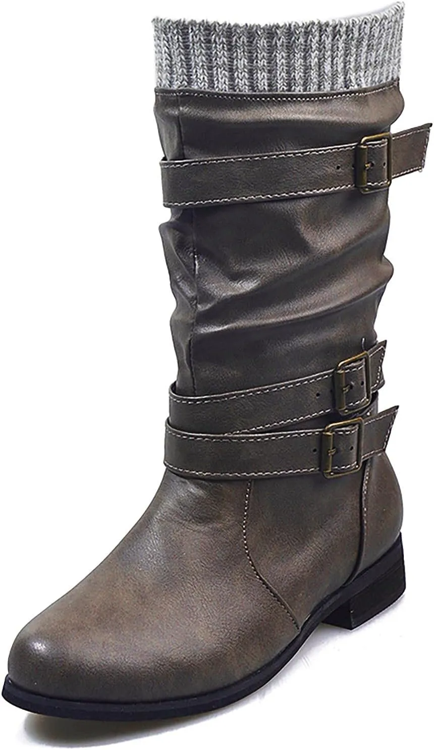 oiangi Womens Boots Winter Fashion Round Toe Buckle Strap Chunky Heels Slip on Mid-Calf Boots Retro Comfortable Casual Ladies Footwear Shoes
